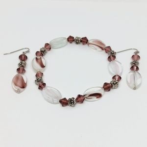 HANDMADE Burgundy & White Glass Beaded Stretch Bracelet & Earrings Jewelry Set
